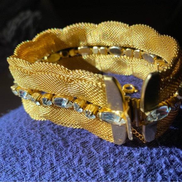 Wide Gold Mesh Bracelet with Clear Prong set Rhinestone Row. 7” - Picture 5 of 11